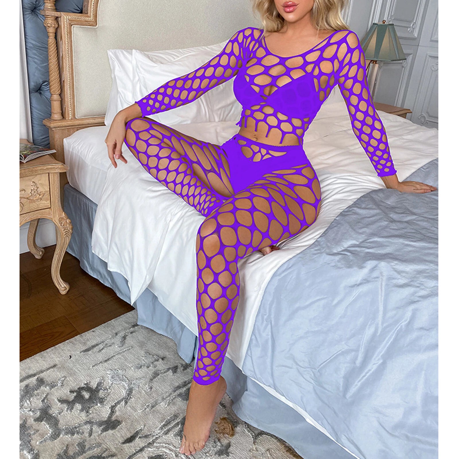 Womens Lingerie Sets Hollow Out See-Through Fishnet Nightwear Crop Top Leggings