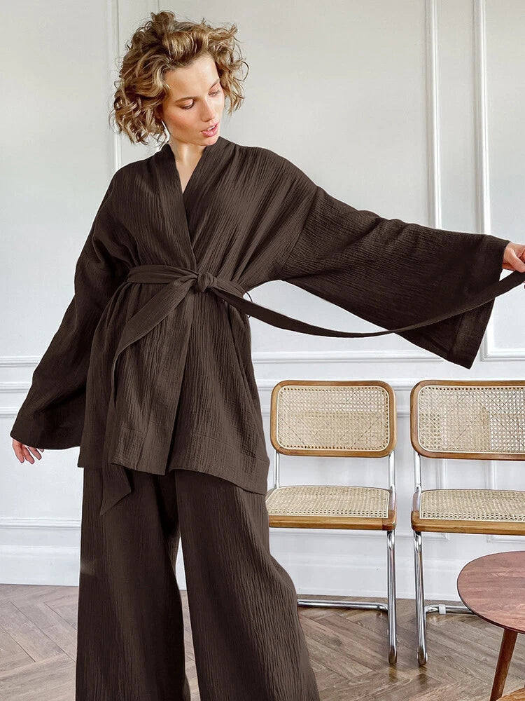 100% cotton women's nightgown pajamas set flared pajamas trousers set 2pcs