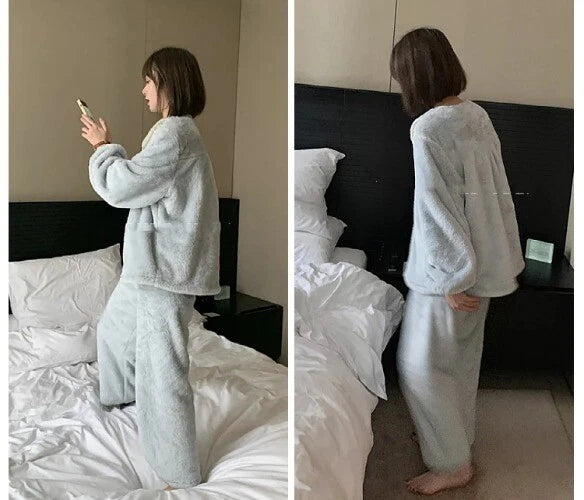 2 Pieces /Sets Winter Pajamas  Flannel Coral Long Sleeve  Suit Kawaii Velvet