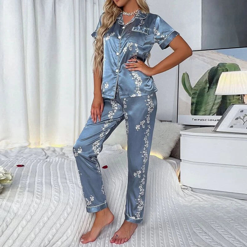 Women's Silk Satin Pajamas Set Short Sleeve Print Sleepwear Nightwear Pyjamas PJ