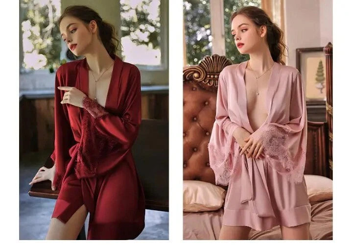 Sexy Robe with Lace Satin Women Nightgown Bathrobe Gown Nightdress Gown Home