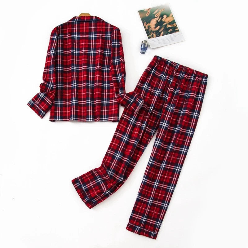 Ladies/Womens 100% Brushed Cotton Pyjamas Set Check Print Button Up Loungewear