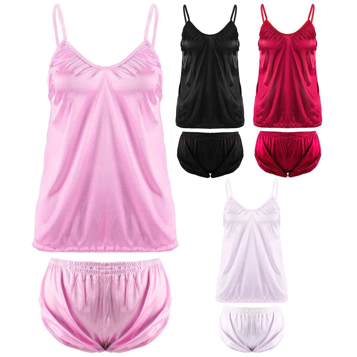 Womens Silk Satin Pajamas Set Sexy-Lingerie Sleepwear Babydoll Nightwear Pjs Set