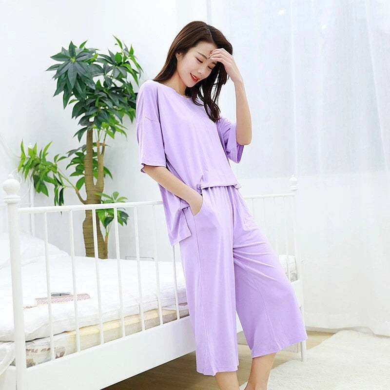 Plus Size XL 150KG Women Modal Pajamas Sets Short Sleeve Top + Calf-Length Pants