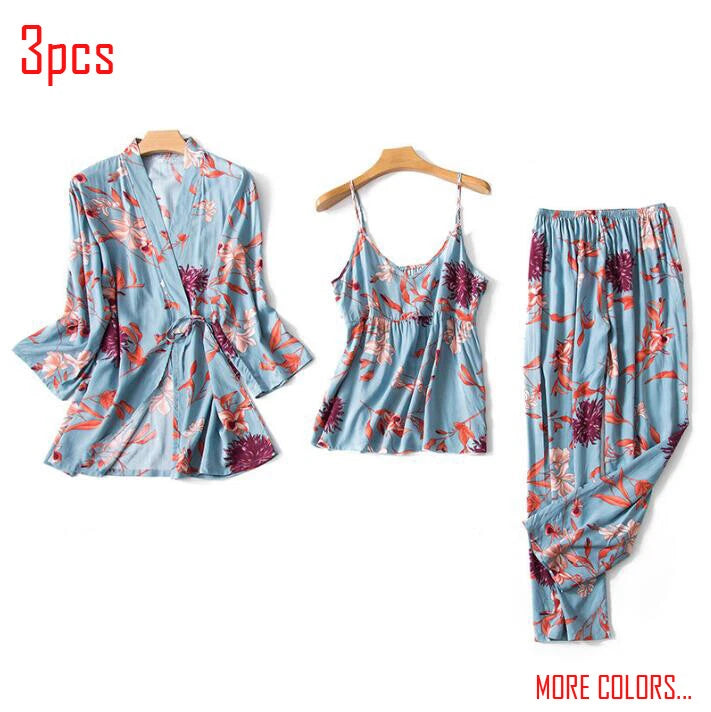 3PC Women Night Dress Silk-Cotton Pajama Sleepwear Long Robes Nightwear Gown Set