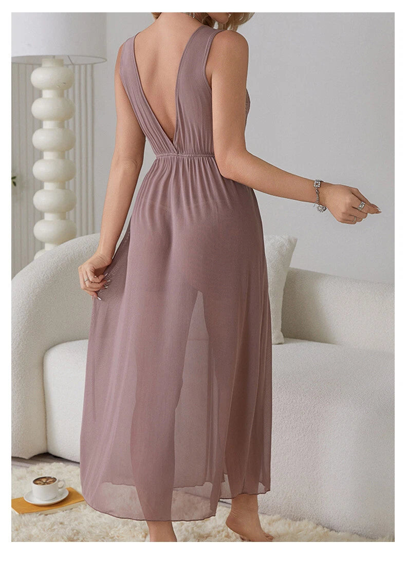 Womens Mesh Sheer Dress See Through Slit Hollow Back V Neck Erotic Lingerie New