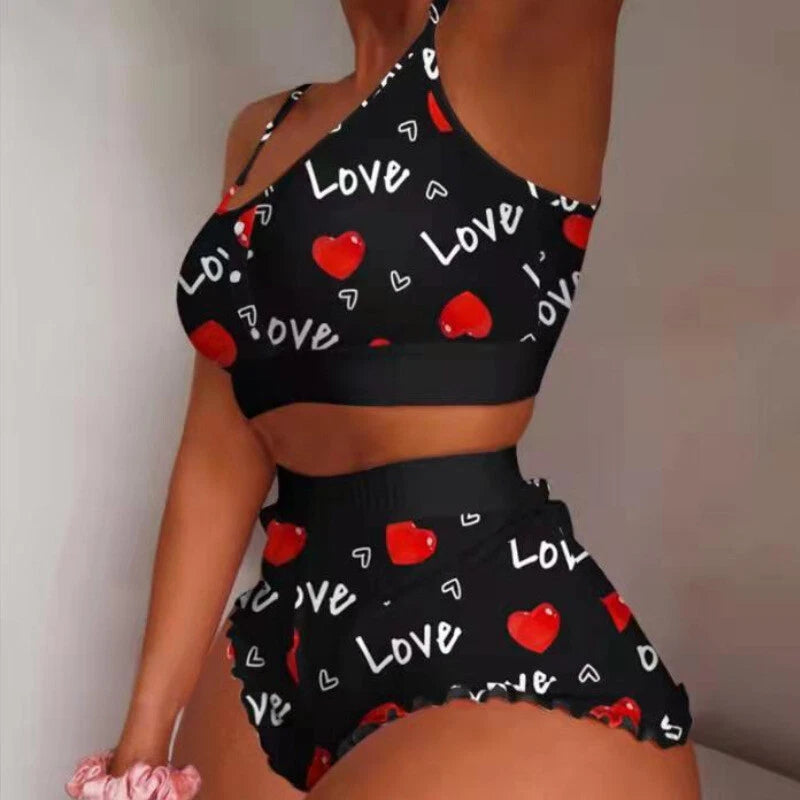 Womens Lingerie Floral Printing Sexy Pajamas Set Soft Leisure Vest Crop Shorts