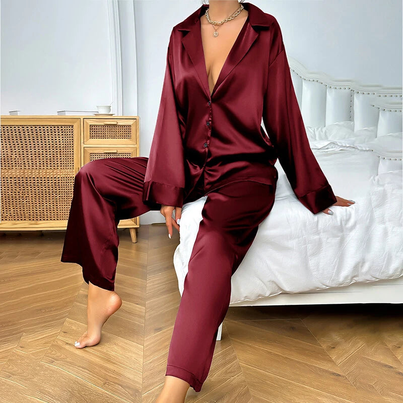 Luxury Women Oversized Silk Satin Sleepwear Sexy Pajamas Set Long Sleeves Pyjama