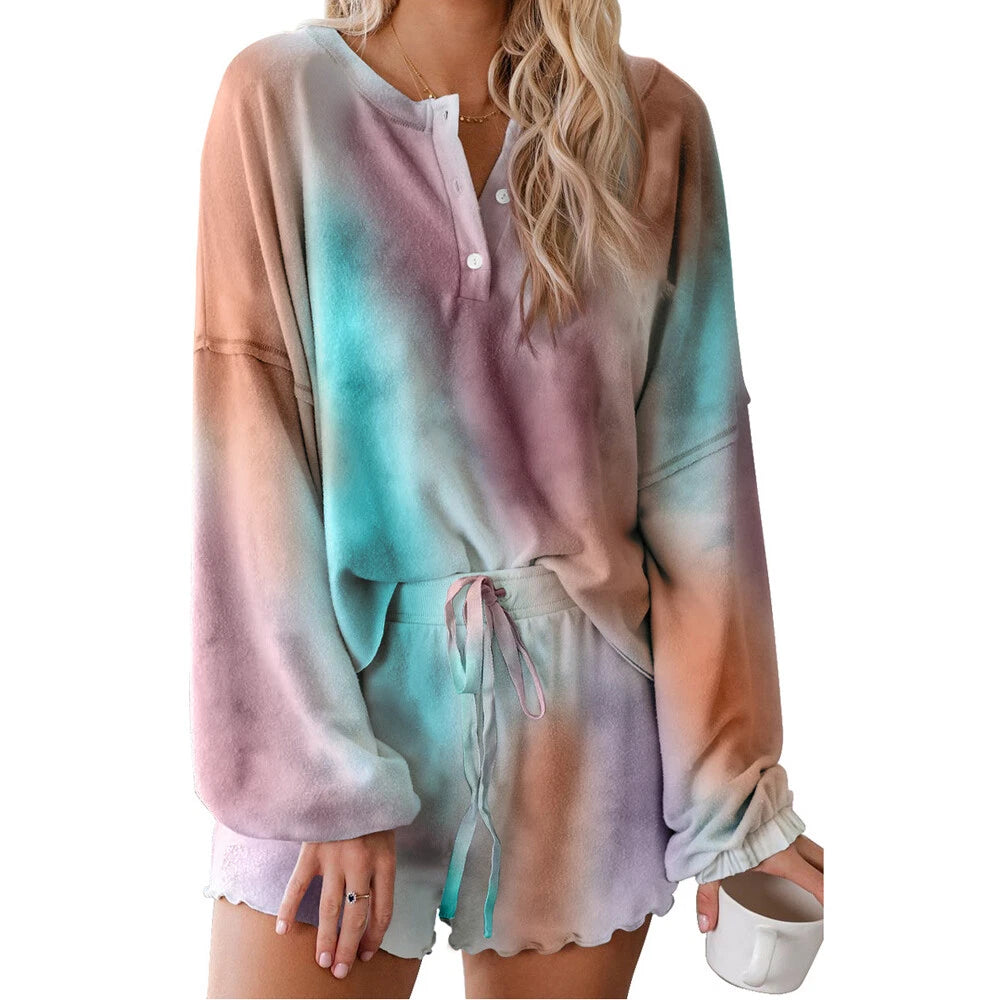 Women Summer Printed Pyjamas Set Short Sleeve Top+Short Pants Sleepwear Homewear