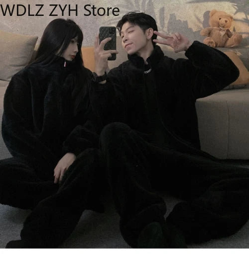 Pajamas Women Coral Fleece Homewear Suit Couple Men Velvet Warm Soft Pajamas Set