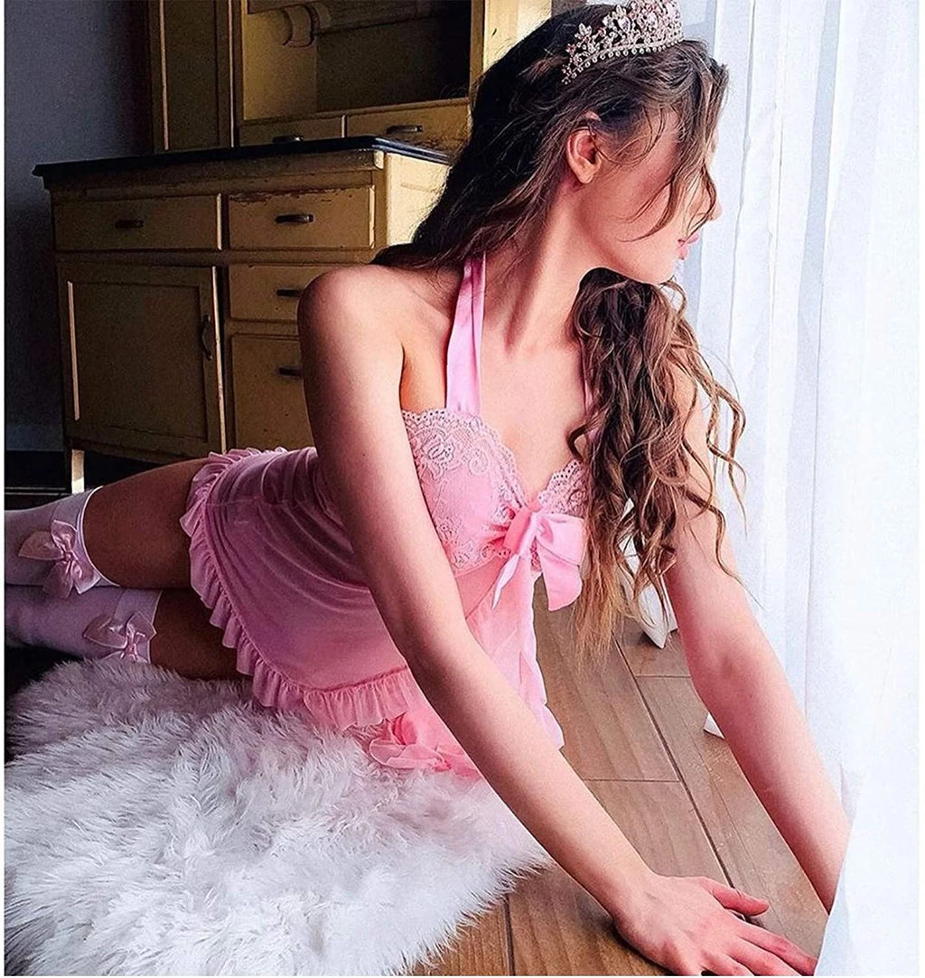 Pink-Women-Sexy-Lingerie-Sleepwear-Lace-Panties-Underwear-Nightwear-Babydoll-Set