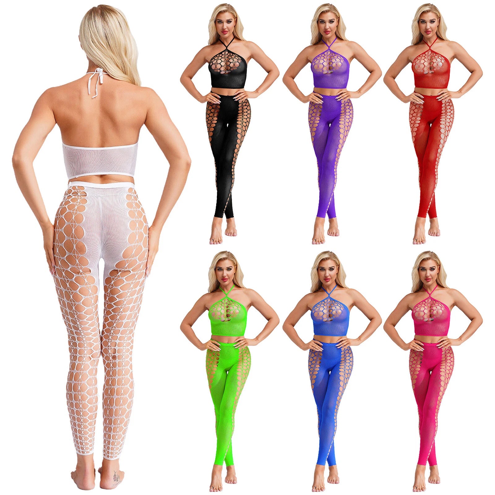 Womens Hollow Out Translucent Lingerie Set Stretchy Fishnet Solid Color Tights