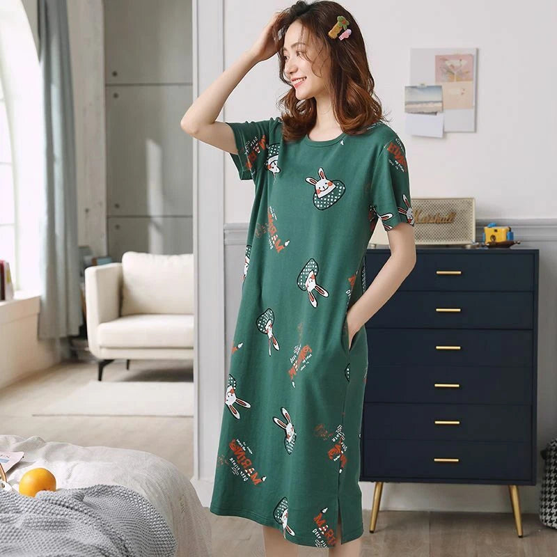 Summer Women's Sleep Shirt Dress Short Sleeve Cotton Casual Nightwear Pajama Set