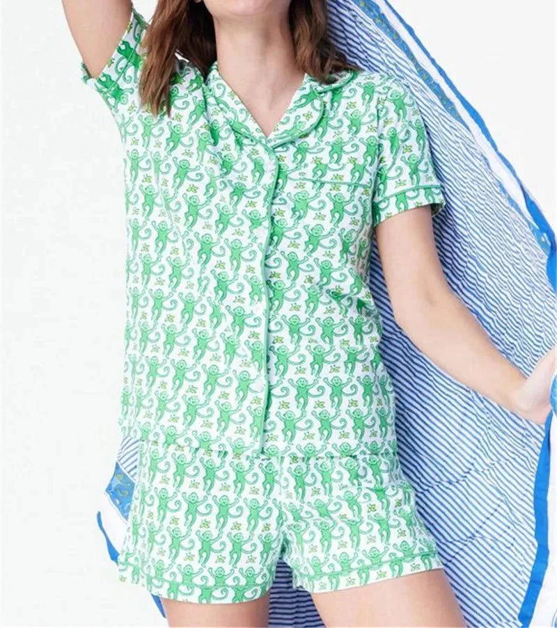 Womens Cute Roller Rabbit Pajamas Monkey Print Sleep Pajama Shorts Set for Women