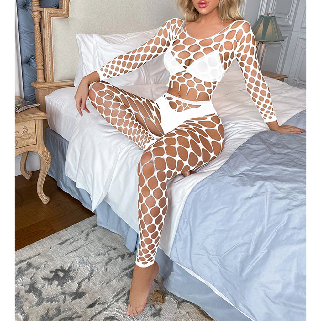 Womens Lingerie Sets Hollow Out See-Through Fishnet Nightwear Crop Top Leggings