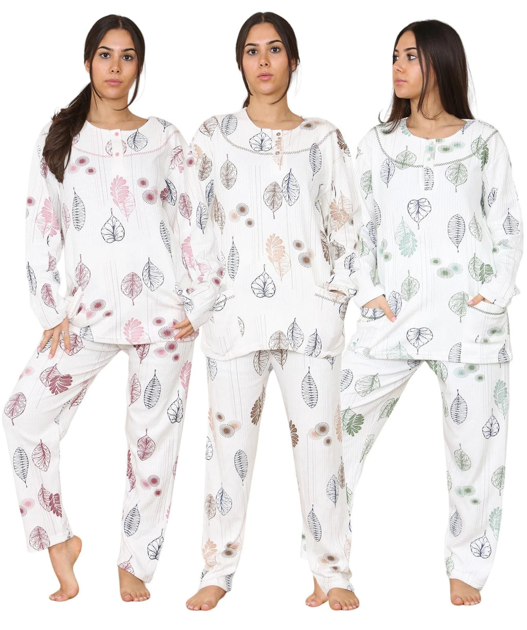Womens Cotton Pyjamas Set Long Sleeve Leaf Print Thermal Loungewear Nightwear UK