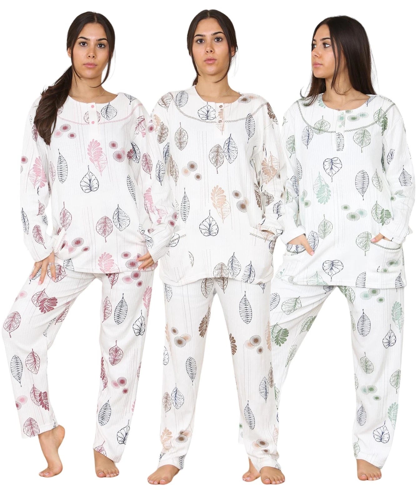 Womens Cotton Pyjamas Set Long Sleeve Leaf Print Thermal Loungewear Nightwear UK