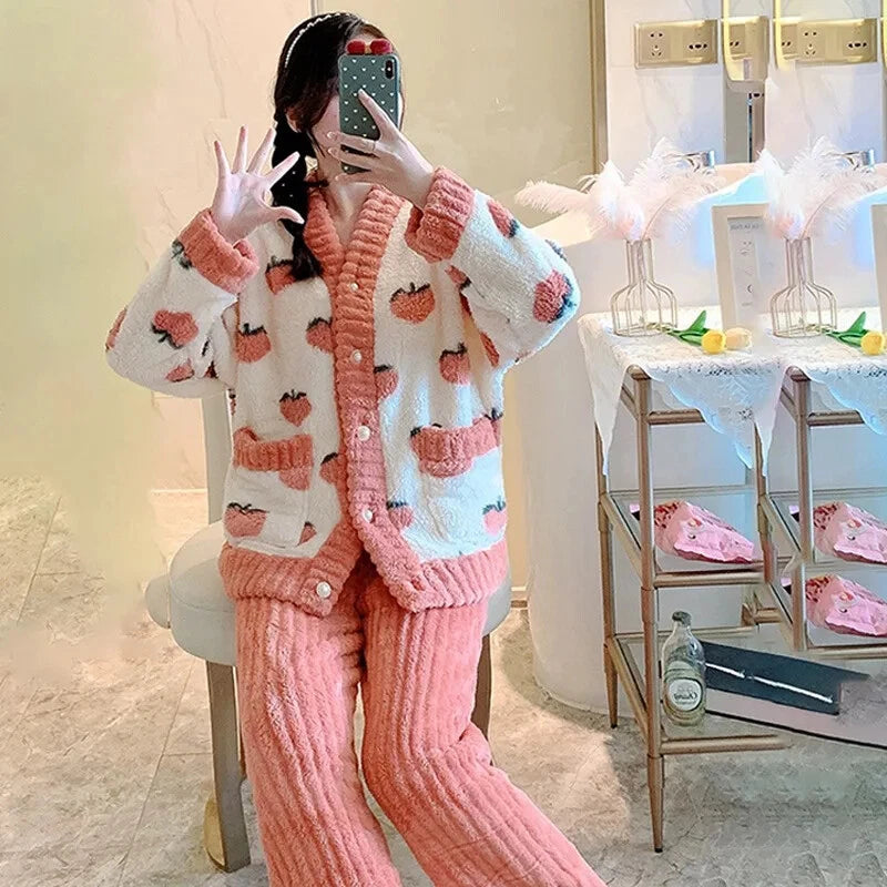 Women Pajamas Loungewear Winter Peach Sleepwear Homewear Two-Piece Set Nightwear