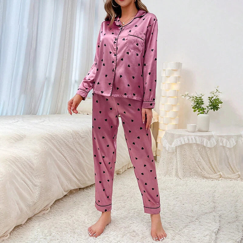 Women Silk Satin Pajamas Set Long Sleeve Button-Down Sleepwear Loungewear Charm