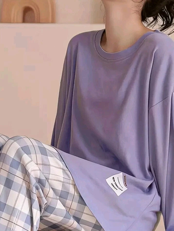 Plaid Print Crew Neck Pyjama Set Casual Long Sleeve Long Bottoms