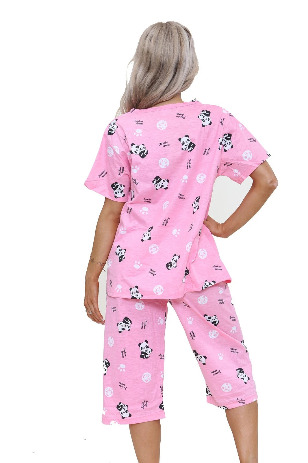 Ladies PJ Set Panda Animal Print Short Sleeve Capri Leg Lounge Teddy Pyjama Set.
