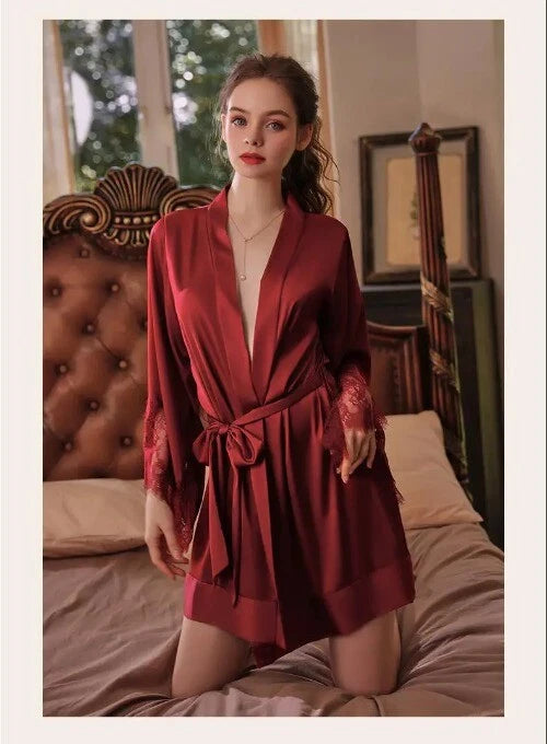 Sexy Robe with Lace Satin Women Nightgown Bathrobe Gown Nightdress Gown Home