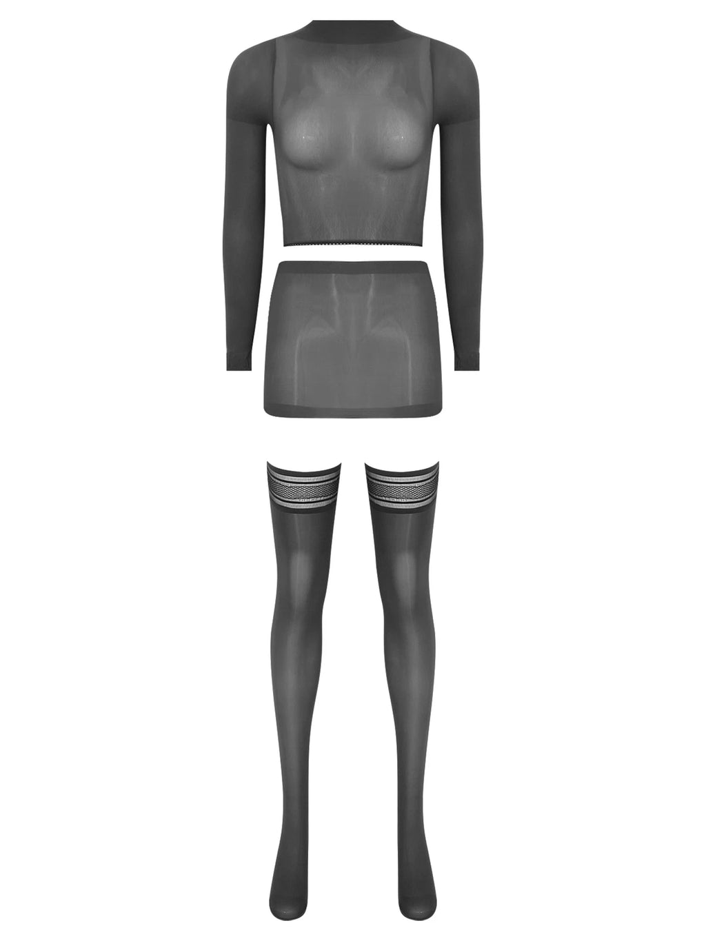 Womens Crop Top And Skirt With Stockings Round Neck Nightwear Tempting Glossy