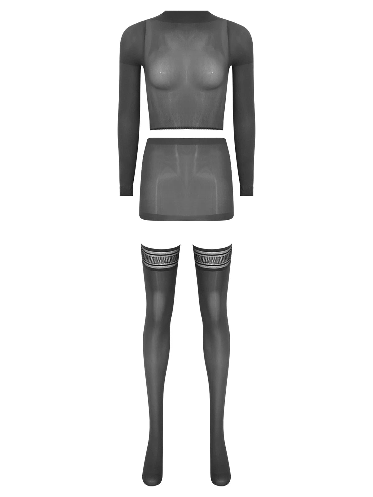 Womens Crop Top And Skirt With Stockings Round Neck Nightwear Tempting Glossy