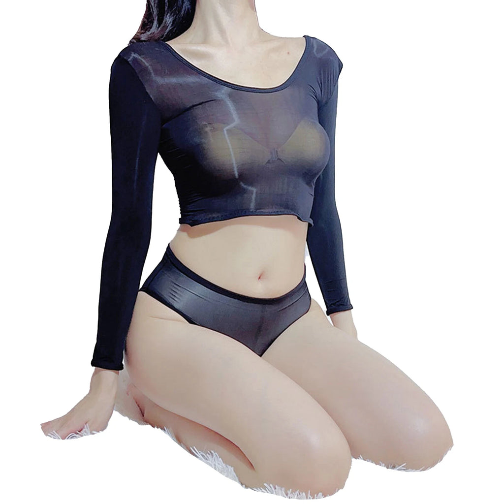 Womens Crop Top With Briefs Mid Waist Nightwear Long Sleeve Tops And Panties