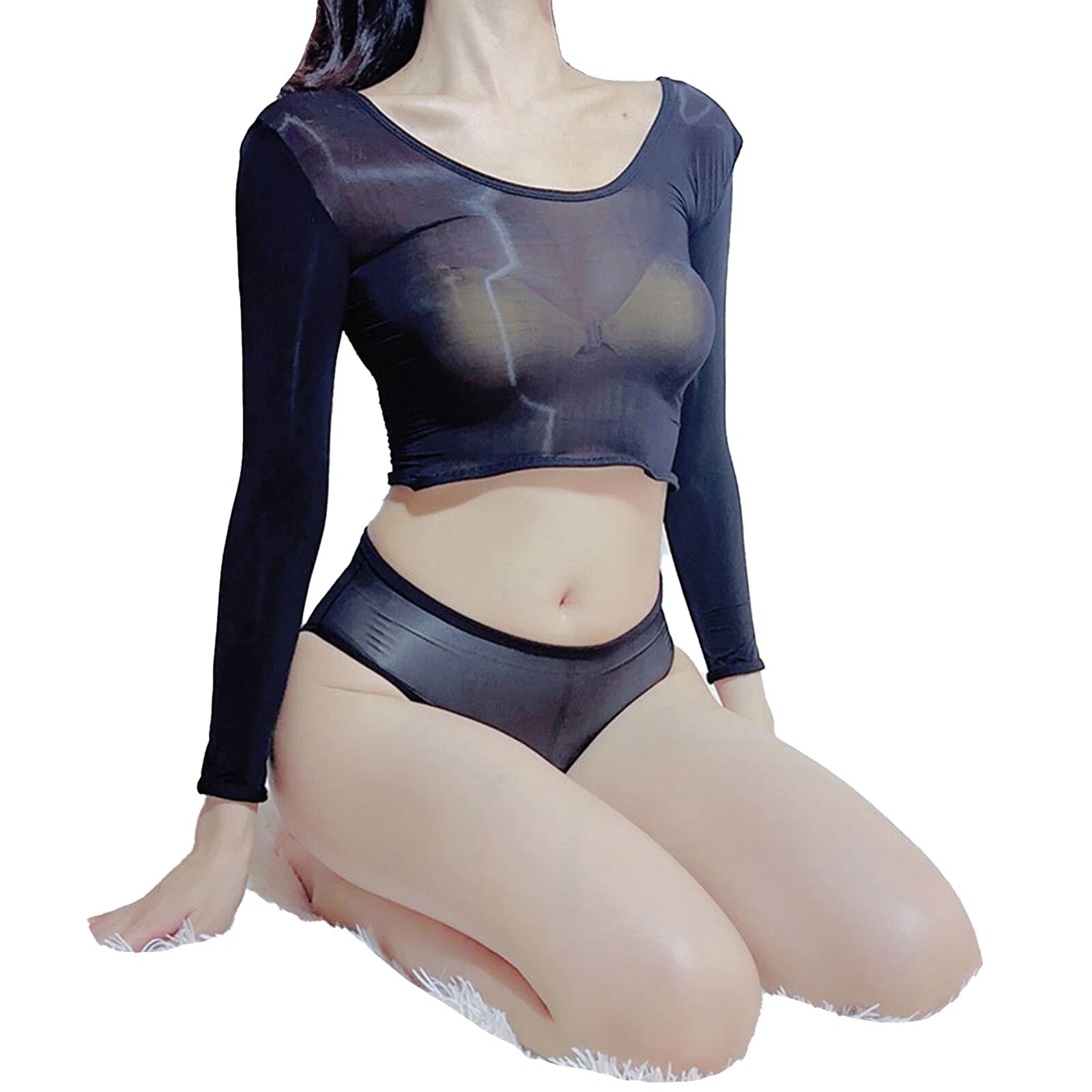 Womens Crop Top With Briefs Mid Waist Nightwear Long Sleeve Tops And Panties