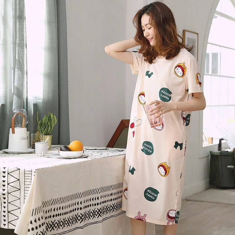 Summer Women's Sleep Shirt Dress Short Sleeve Cotton Casual Nightwear Pajama Set