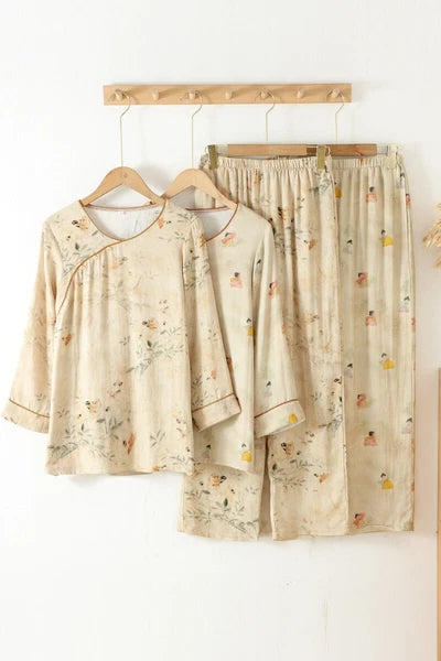 Chinese style Women's Bamboo Fiber Hanfu Summer Long Sleeved Topa & Pants Set