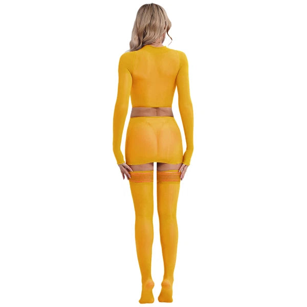 Womens Crop Top And Skirt With Stockings Round Neck Nightwear Tempting Glossy