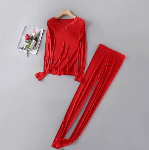 Women Silk Thermal Lace Long Johns Top & Bottom Set Soft Mulberry Silk Underwear