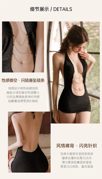 Cosplay Sexy Lingerie Skirt Pajamas Women's Hollow Halter Neck Night Club Set