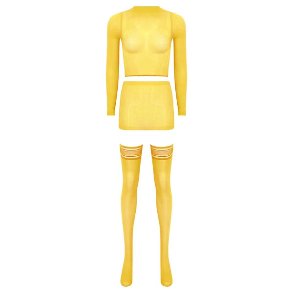 Womens Crop Top And Skirt With Stockings Round Neck Nightwear Tempting Glossy