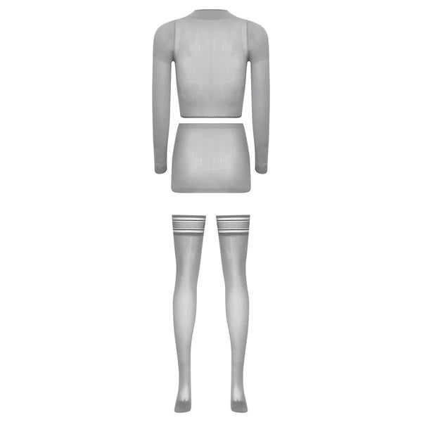 Womens Crop Top And Skirt With Stockings Round Neck Nightwear Tempting Glossy
