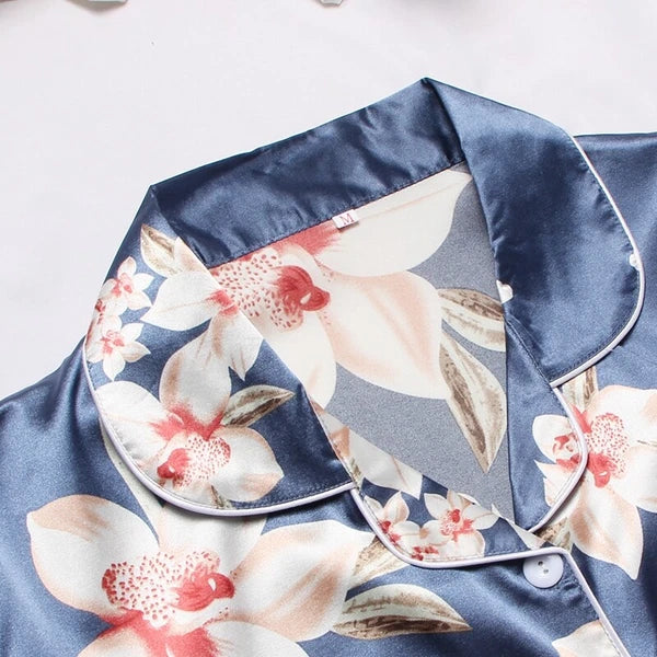 Women's Silk Satin Pajamas Set Short Sleeve Print Sleepwear Nightwear Pyjamas PJ