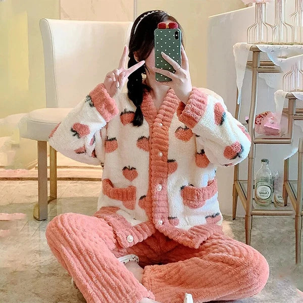 Women Pajamas Loungewear Winter Peach Sleepwear Homewear Two-Piece Set Nightwear
