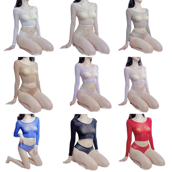 Womens Lingerie Set Slim Fit Crop Top With Briefs Stretchy Nightwear Sheer Sexy