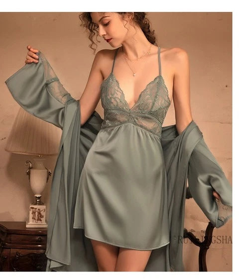 2Pcs Women Pajamas Sets Faux Silk Sets Embroidery Lace Wedding Robe With Belt