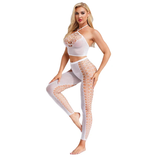Womens Hollow Out Translucent Lingerie Set Stretchy Fishnet Solid Color Tights