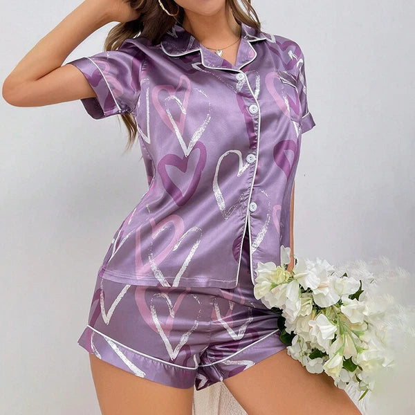 Women's Short Sleeve Silk Pajamas Set Print Satin Sleepwear Homewear Nightwear