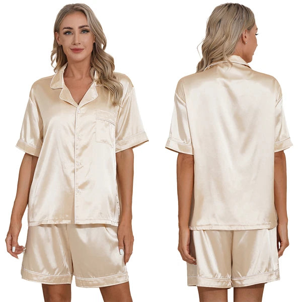 Women's Satin Pajamas Short Sleeve Top with Shorts Sleepwear Loungewear AU