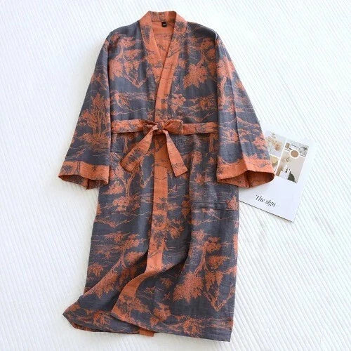 Women's Printed Cotton Loose Fitting Bathrobe Tie Up Sweat Steaming Robes