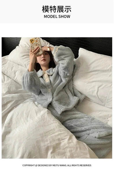 2 Pieces /Sets Winter Pajamas  Flannel Coral Long Sleeve  Suit Kawaii Velvet