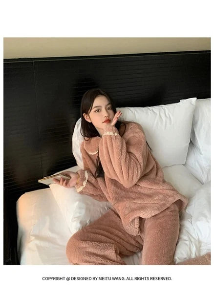 2 Pieces /Sets Winter Pajamas  Flannel Coral Long Sleeve  Suit Kawaii Velvet