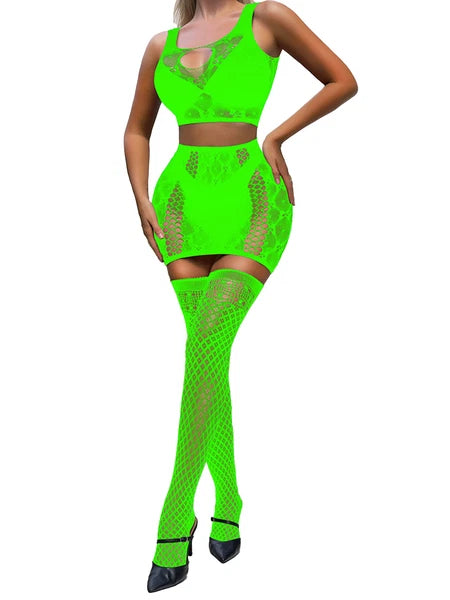 Womens Nightwear See-Through Lingerie Set Thigh High Stockings Babydolls Party