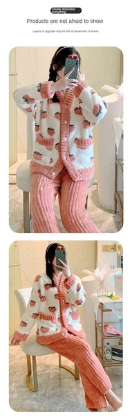 Women Pajamas Loungewear Winter Peach Sleepwear Homewear Two-Piece Set Nightwear