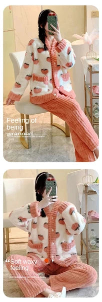 Women Pajamas Loungewear Winter Peach Sleepwear Homewear Two-Piece Set Nightwear